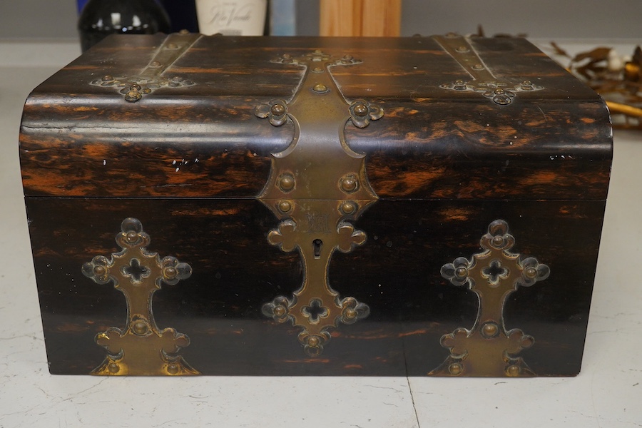 A late 19th century brass bound coromandel box with Betjemann & Sons lock, no key, 30cm wide. Condition - fair to good